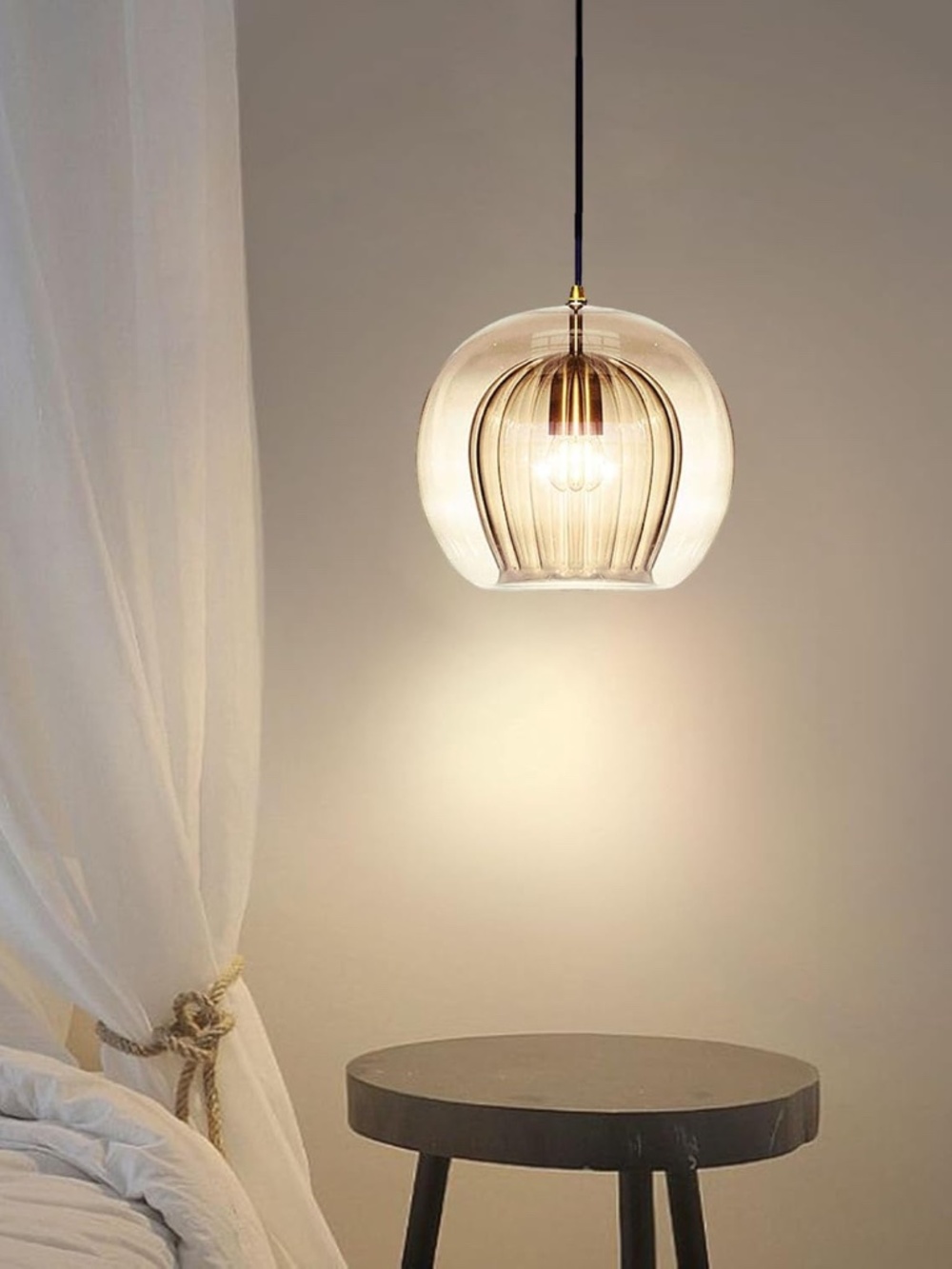 9.8" Retro Amber Glass Globe Pendant Light Brass E27 Hanging Ceiling